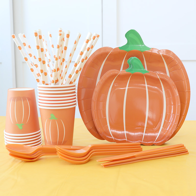 Thanksgiving Decorative Disposable Pumpkin Paper Plate Spot Cross-border Amazon Best Selling Orange Tablecloth Knife, Fork and Spoon Set