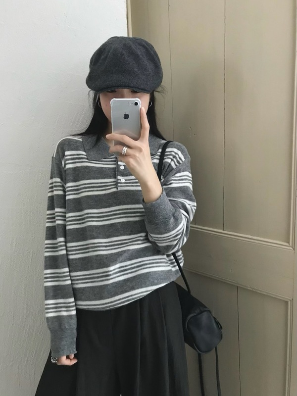 复古条纹polo翻领半口针织衫上衣女秋冬新款宽松显示百搭韩系毛衣|undefined