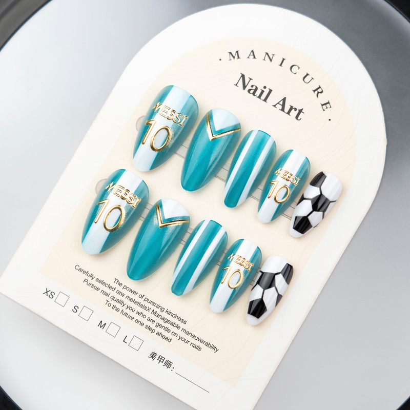 24 Pieces of New Cross-Border World Cup Themed Nail Art Almond-Shaped Gold-Plated Cat-Eye Football Wearable Nails Exquisite Wearable Nail Pieces