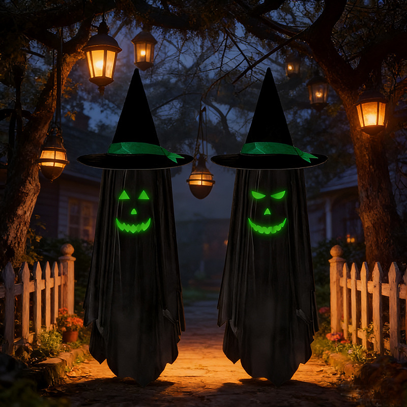 Halloween Cross-Border Amazon New Ghost Luminous Wizard Hat Decoration Pendant Outdoor Scene Arrangement Hanging Ornament