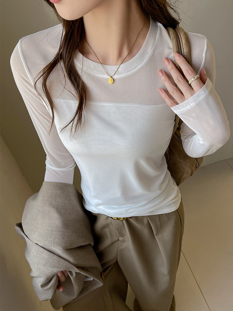 White autumn sexy base body-friendly long-sleeve with a round collar