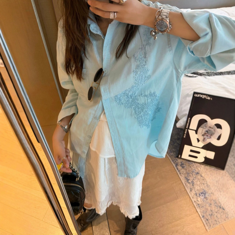Qiu Ming Ramie Shirt Top for Women, Artistic Embroidery with Sequins, Versatile Loose Fit, Slimming Embroidered Shirt Top G1861 Qiu Ming Ramie Shirt Top for Women, Artistic Embroidery with Sequins, Versatile Loose Fit, Slimming Embroidered Shirt Top G1861