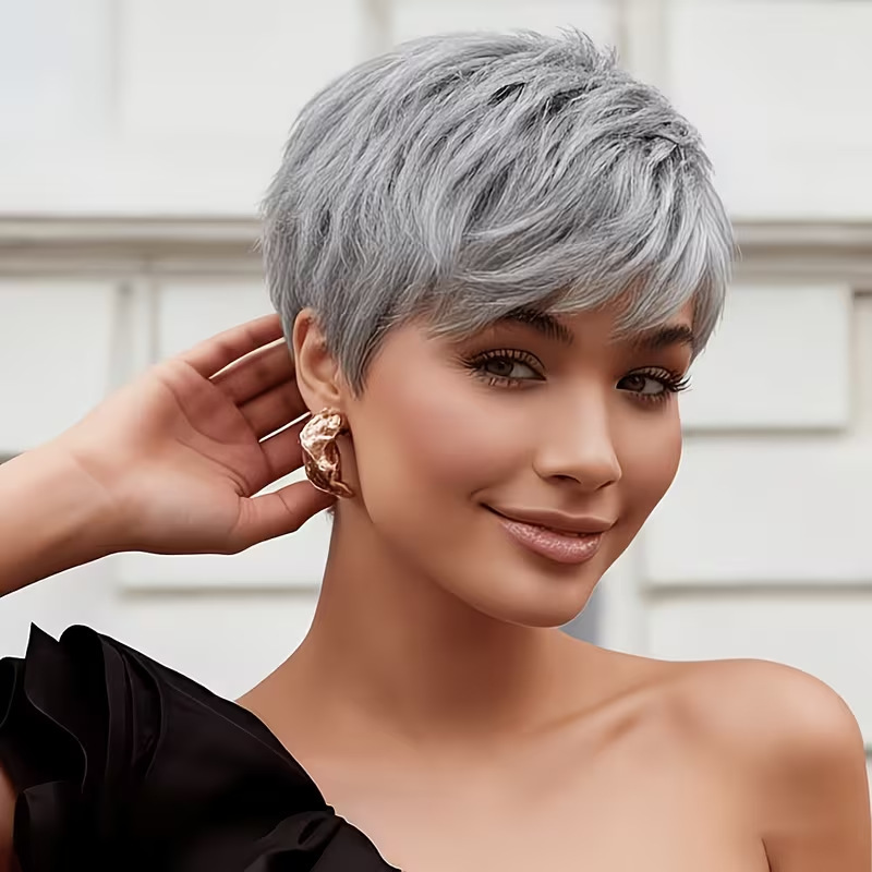 European and American women's silver-gray short pixie wig with side bangs, layered and stylish, suitable for daily wear and parties