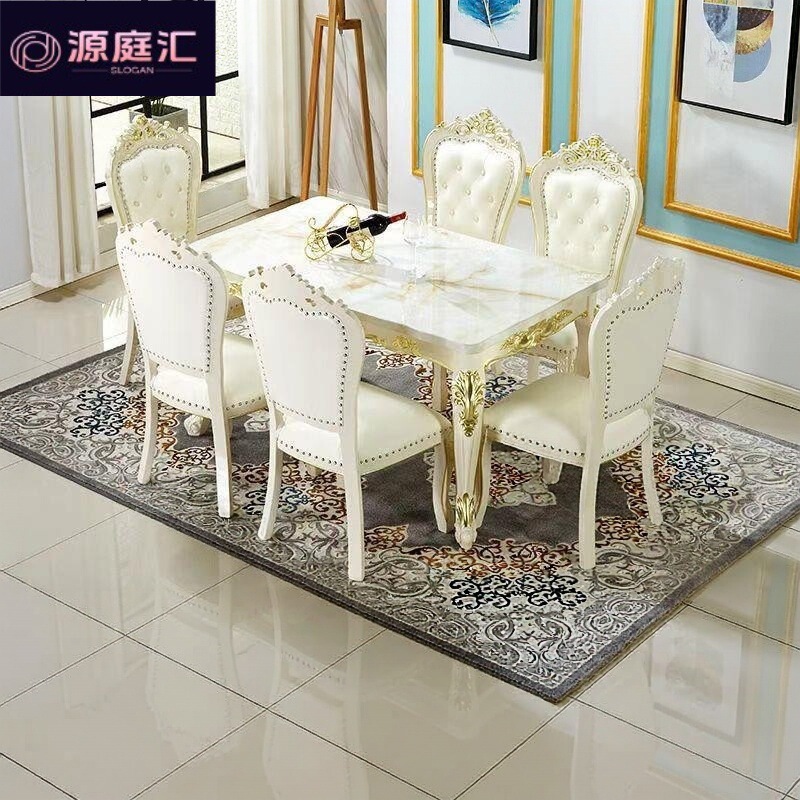 European-style golden dining table, luxurious for home use, high-end and visually appealing, popular European-style solid wood marble dining table and chairs