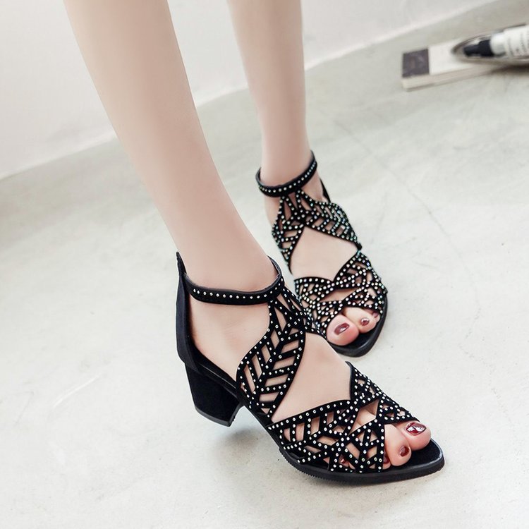 Water Diamond Sandals Women's Summer New Fish Mouth Thick High Heel Hollow Fashion Single Nightclub Sexy Black Mesh_voghion.com