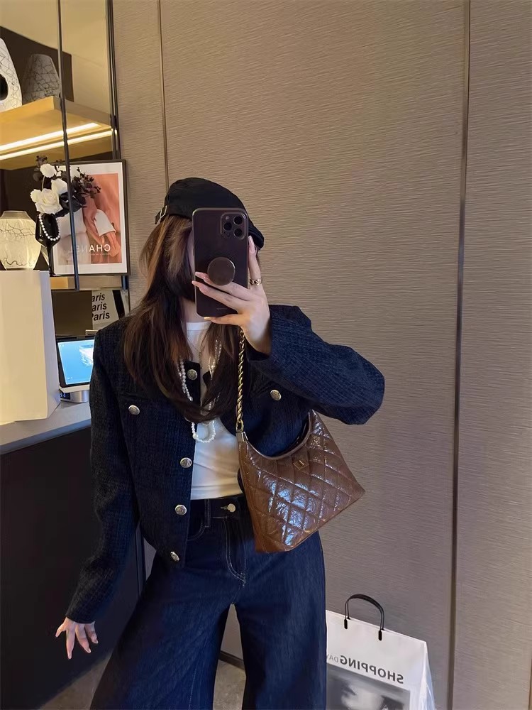 Túi tote nữ da thật kiểu tweed đeo chéo dây xích chần bông — Màu đen, Đỏ Ancora, Cà phê Mocha, Màu nâu chi tiết 11