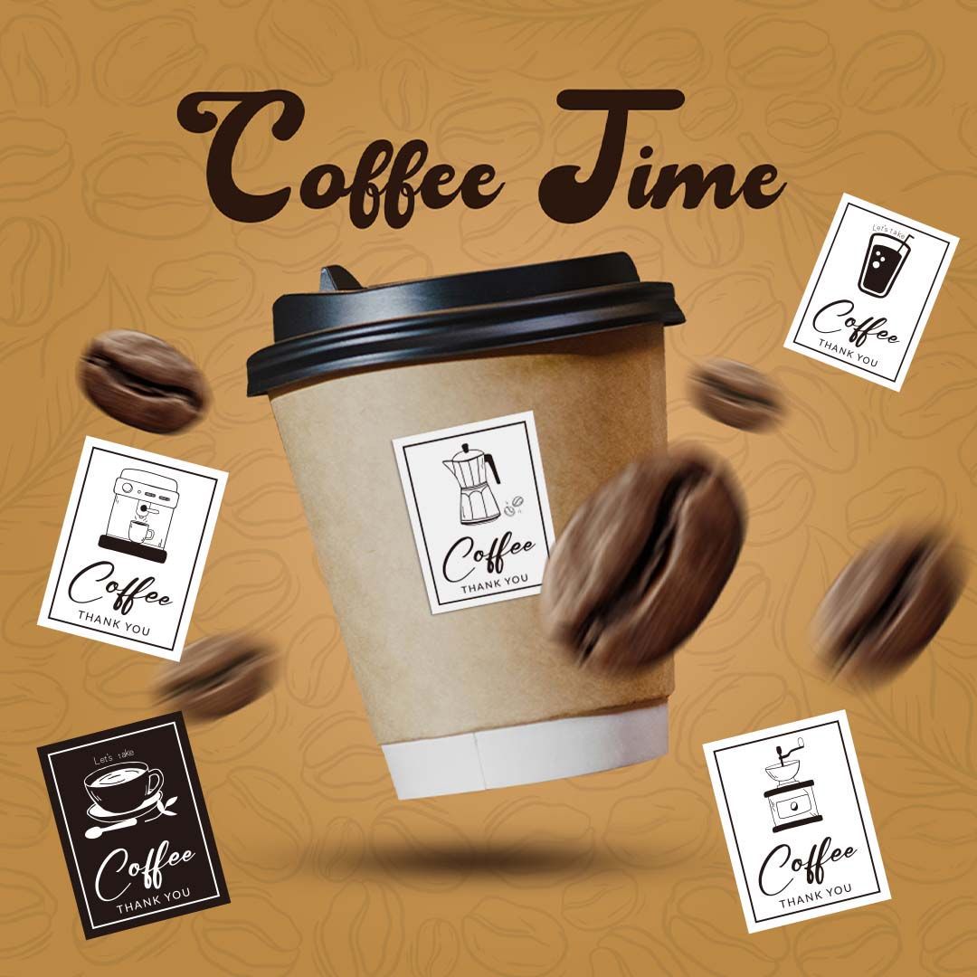 En stock al por mayor 100 unids/pack taza de café rectangular blanco y negro pegatinas caja de regalo pegatinas autoadhesivas pegatinas de embalaje