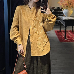 【拾花】立体定位绣花天丝亚麻衫新中式刺绣提花衬衫设计感长袖