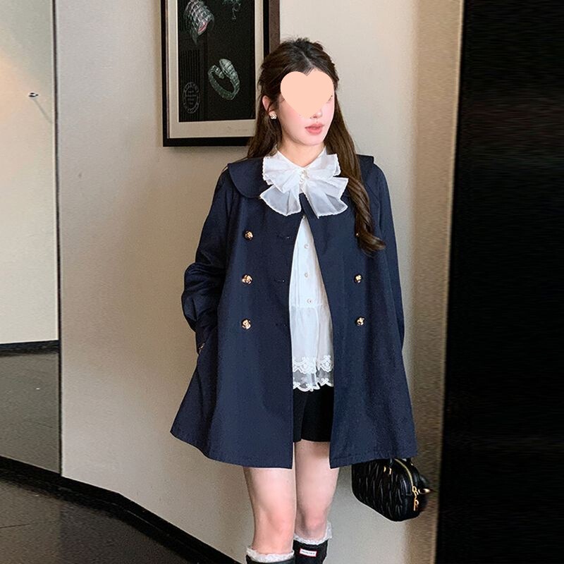 法式斗篷风衣减龄娃娃领外套秋季白色蝴蝶结蕾丝长袖衬衣两件套女|undefined