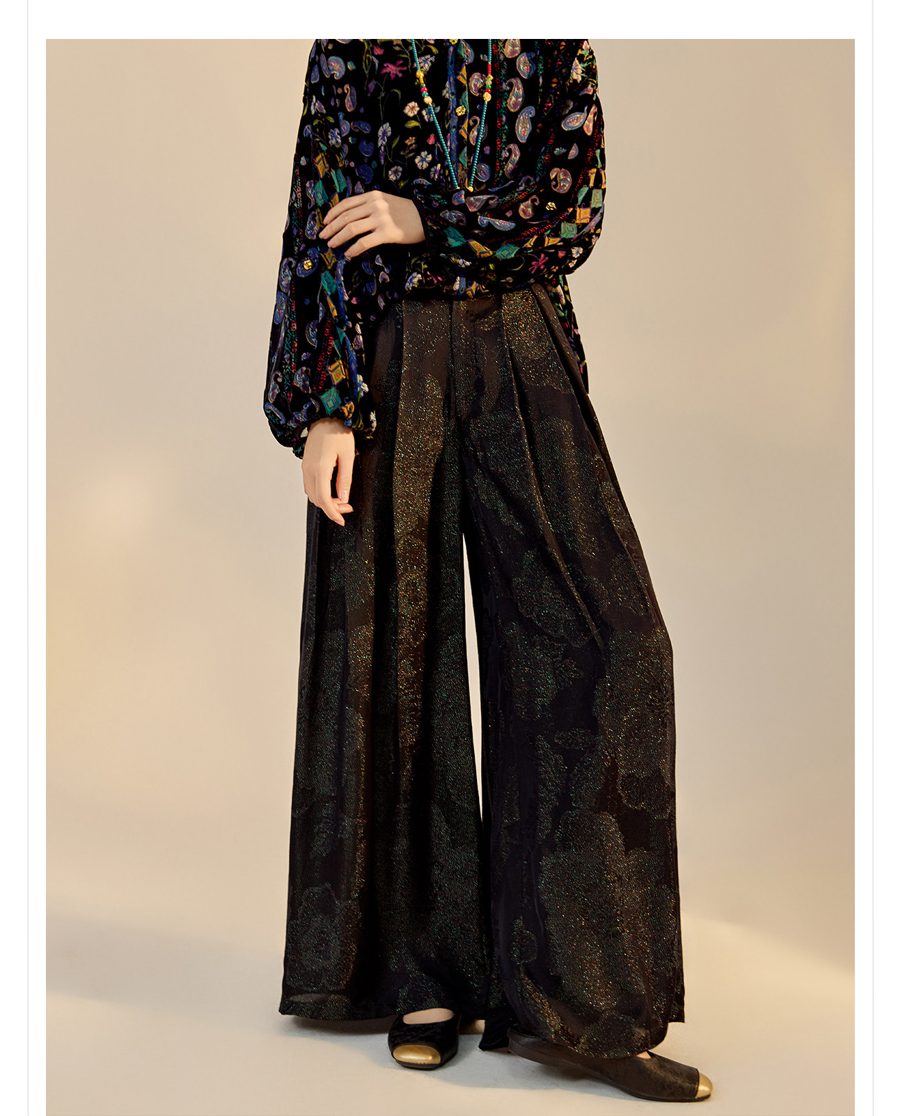 Quần ống rộng nữ phong cách Trung Hoa mới, chất rayon dệt vàng satin rủ — đen, Màu trắng nhạt, màu vàng chi tiết 21