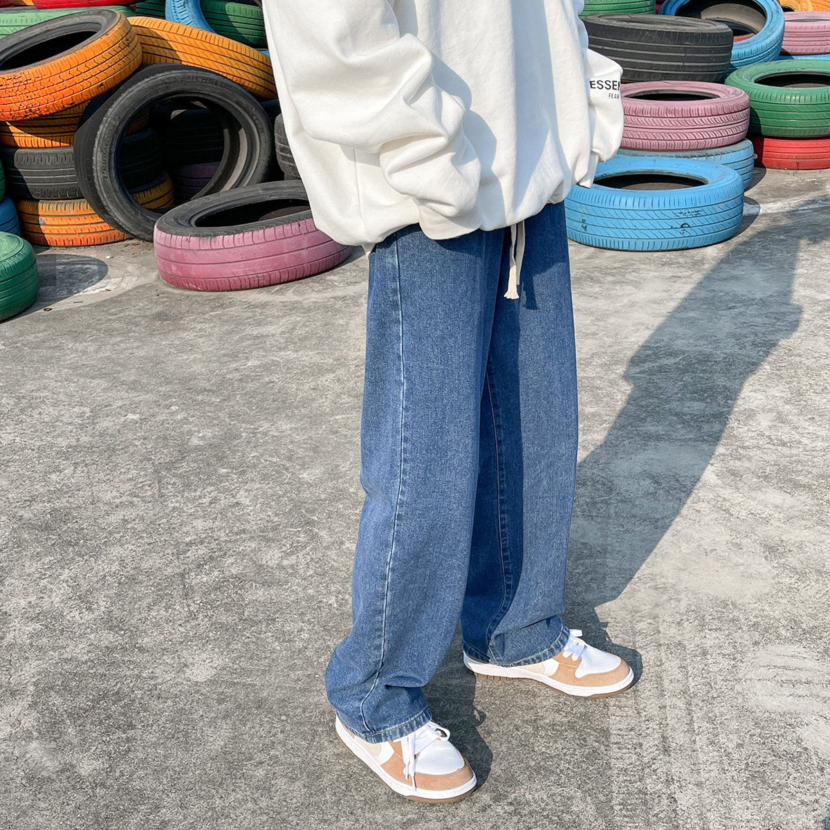 2022 Autumn and Winter Tether Jeans Men's Trendy Student Japanese Style ins Hong Kong Style Loose Straight Plus Size Casual Pants