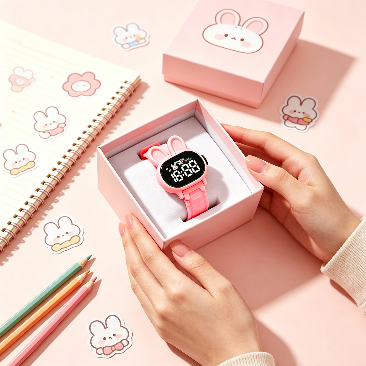 Hot-Selling New Cute Rabbit Watch with Silicone Strap, Button, Luminous Feature, Korean Style, Fashionable and Versatile for Girls to Tell the Time