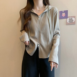 Hooded Double Zipper Sweatshirt Jacket for Women in Autumn Plus Size Fat mm Slimming Look Design Niche Inner Layering Fishbone Top