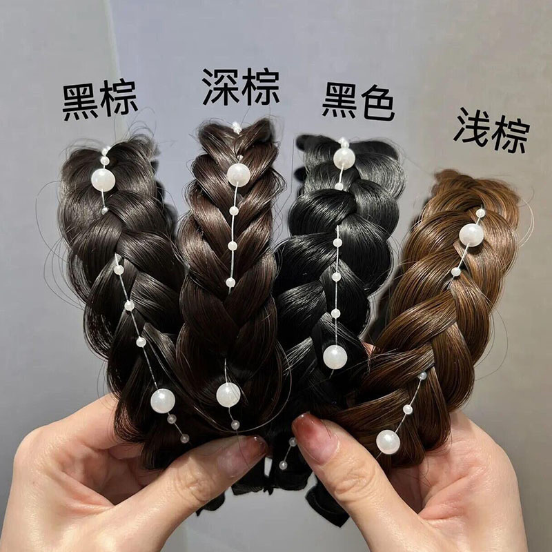 Internet Celebrity Pearl Braided Wig Hair Hoop Fish Bone Braid Fluffy Non-slip Face Wash Out High Cranial Top Hair Card Hair Accessories