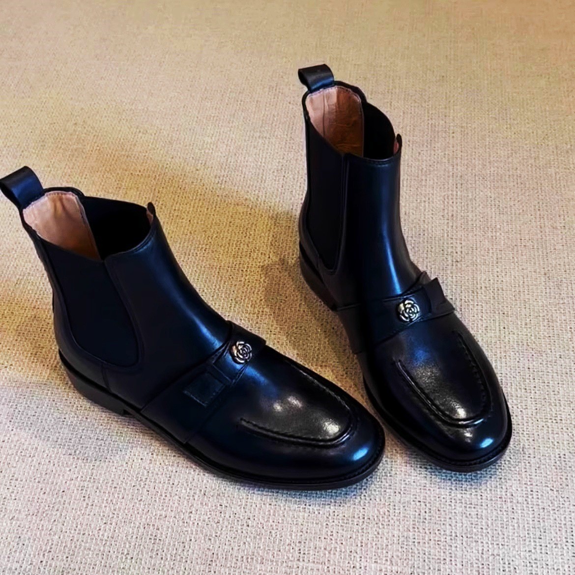 Camellia Chelsea Boots Genuine Leather Short Boots for Women Spring & Fall Single Boots Elegant Thick Heel Camellia British Style Boots