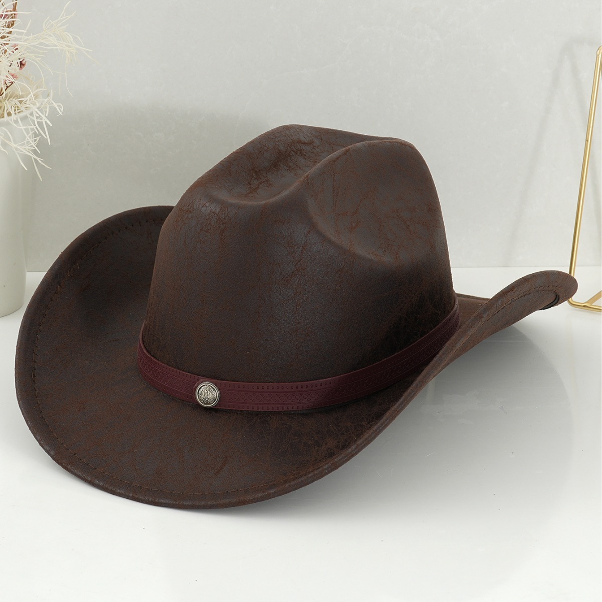 Vintage Western Cowboy Hat Distressed Leather Buckle Cross Stitched Metal Men's And Women's Party Outdoor Music Festival Hat_voghion.com