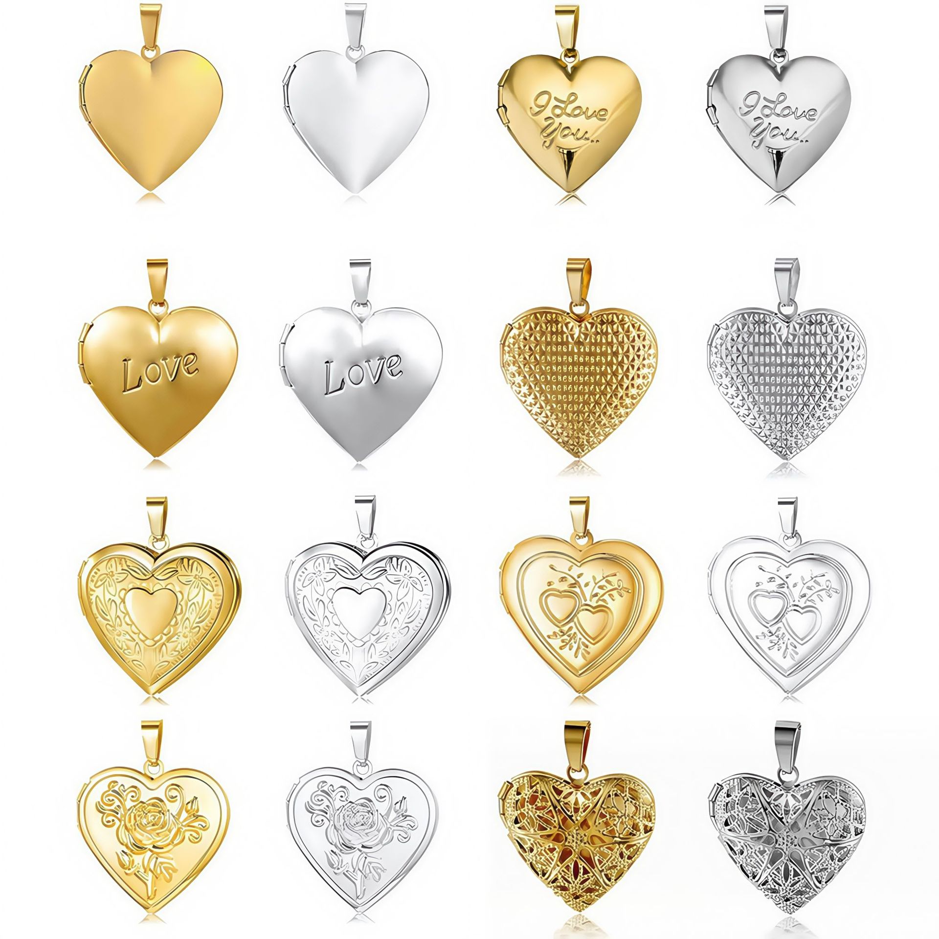 316L Mirror Stainless Steel Peach Heart Love-shaped Polished Photo Box DIY Couple Necklace 18K Gold Plated Pendant