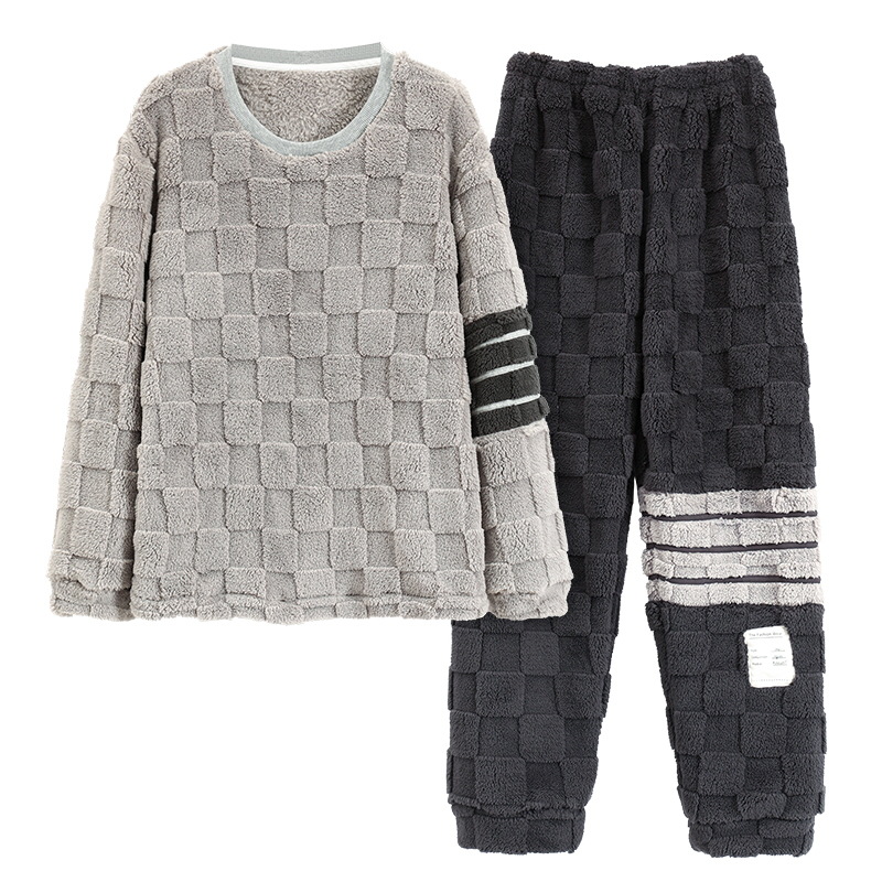 Pijamas de coral para hombres de invierno de terciopelo más grueso y caliente 2025 nuevo conjunto de ropa de hogar gris de alto nivel de dos piezas