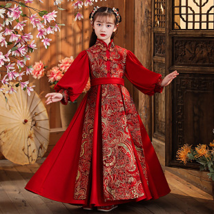Hanfu Girls' Long-sleeved Ancient Costose Super Fairy Children's Tang-ru Dress Burgundy Antique Chinese Style Little Girl's New Year's Dress