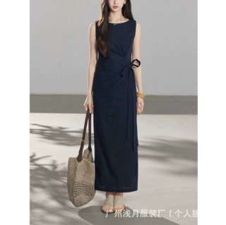 贰羊设计【沐青】高级感气质收腰系带连衣裙女棉麻通勤百搭背心裙