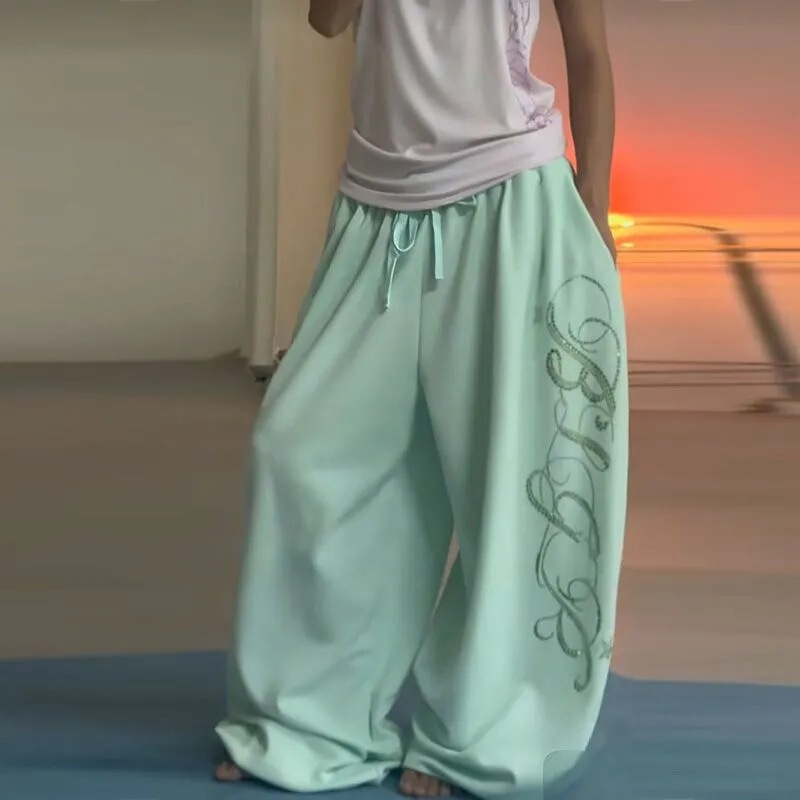 【Lightweight and Draped】Ins-style Summer American Retro Dopamine Wide-leg Casual Pants with Rhinestone Lettering
