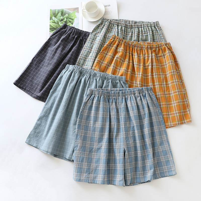 Japanese-Style Plaid Sleep Shorts for Men, Spring and Summer Thin Pure Cotton Loose Gauze Full Cotton Five-Point Home Cotton Gauze Loungewear Shorts