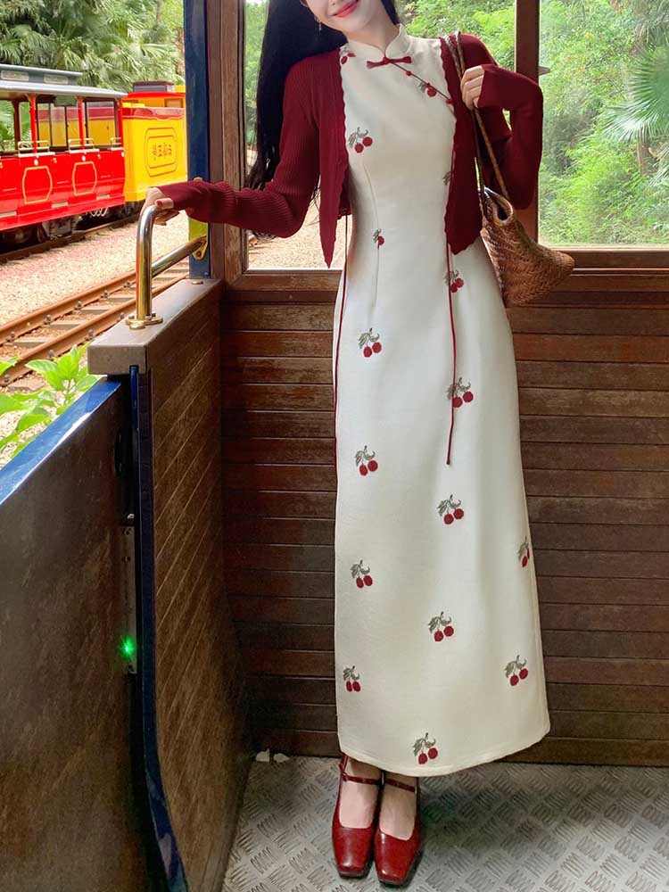 Qin Ying' New Chinese Style Cherry Embroidery Modified Cheongsam For Women, Early Autumn Vintage Stand Collar_ecoleips.com