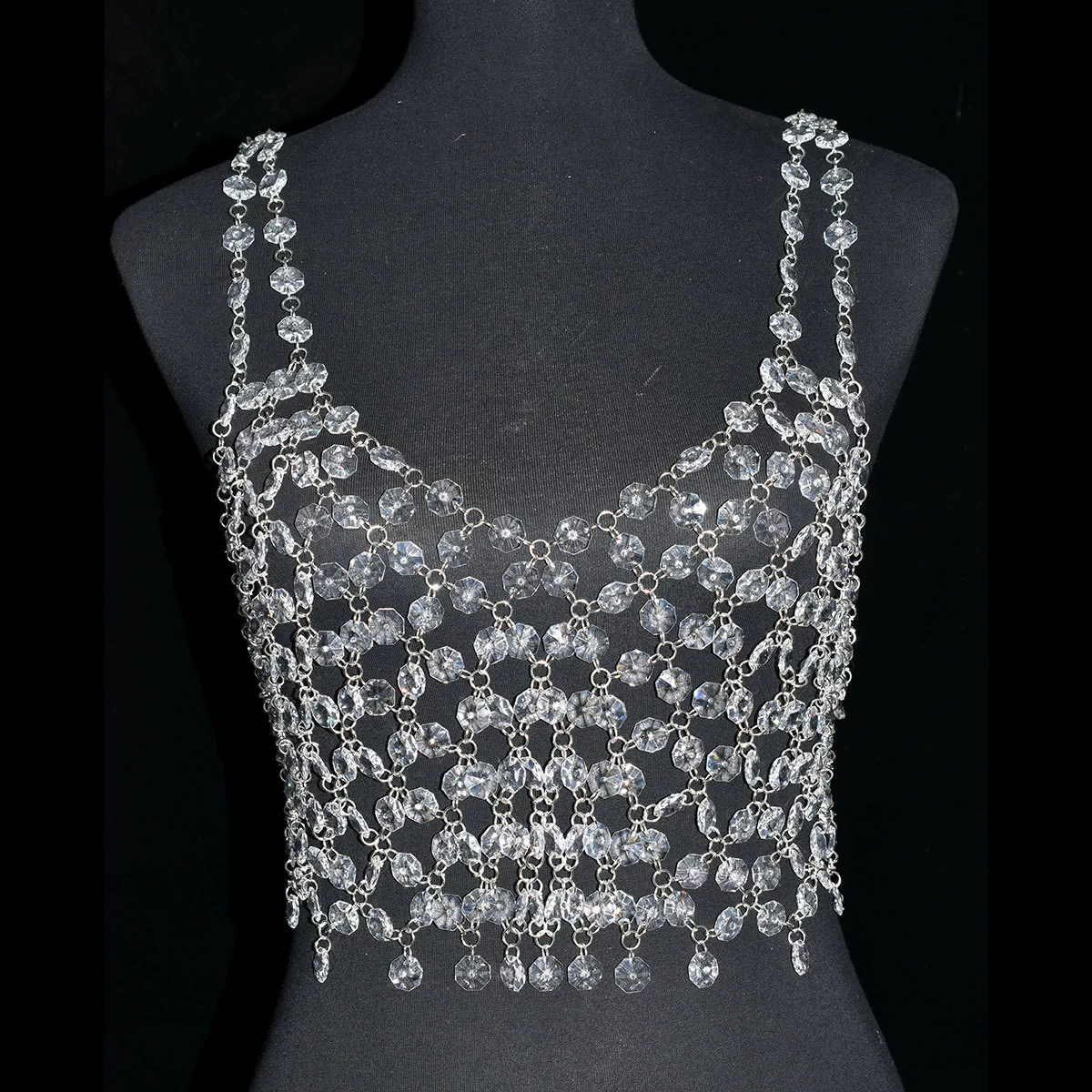 Crystal pendant, top with cups, bra, shiny accessory, underwear