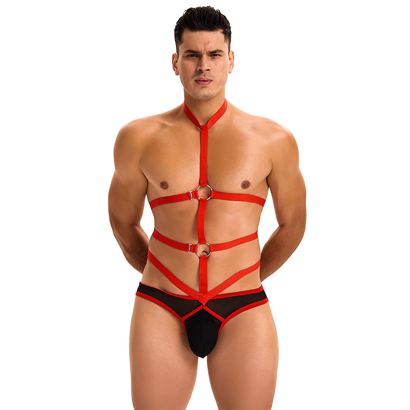 Europa y los Estados Unidos al por mayor transfronterizos hombres sexy ropa interior cuello colgante SM bondage camiseta U bolsillo convexo ropa interior