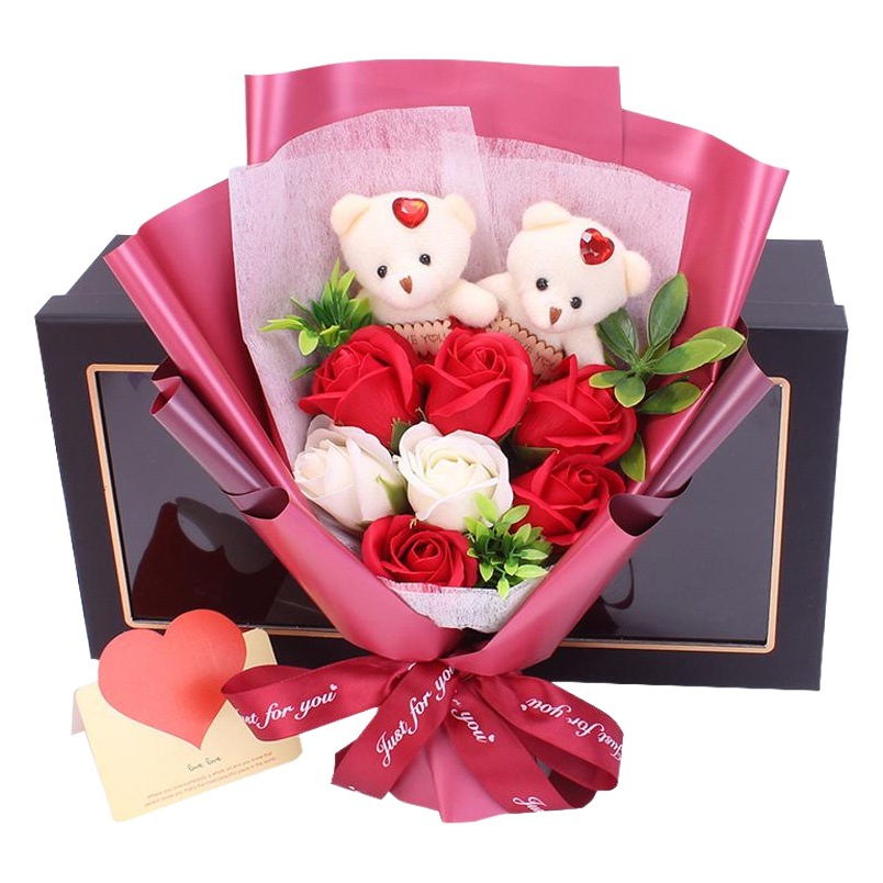 Ramo de Jabones en Forma de Oso para el Día de San Valentín y el Día de San Valentín Chino, Caja de Regalo con 7 Rosas, Regalo para el Día del Maestro, Flores Hechas a Mano