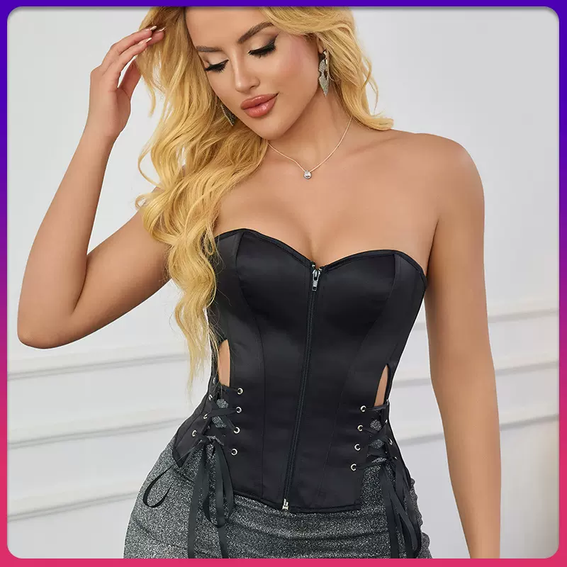新款缎面朋克辣妹风绑带拉链束身衣纯色裹胸街头露背鱼骨束腰背心
