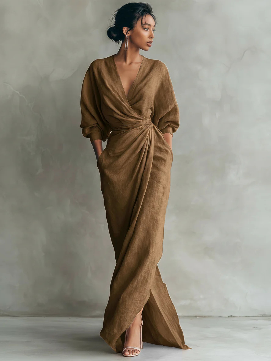 Damen Kleid Mit V-ausschnitt Aus Baumwolle Und Leinen_voghion.com