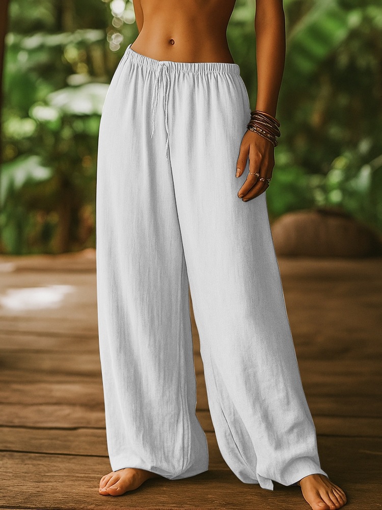 Women's Clothing Women's Cotton Linen Loose Straight Leg Pants With Elastic Waist And Pockets Solid Color Casual Bottoms_ecoleips.com