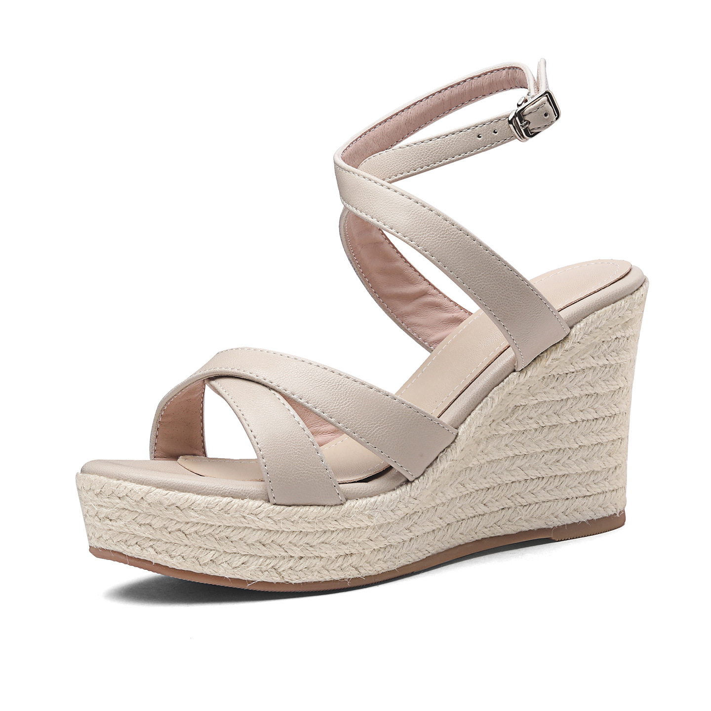 Sandal cao gót nữ hở mũi phong cách Pháp, gót 10 cm, đế rơm dày, quai ngang khóa — màu nâu, màu trắng ngà