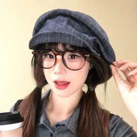 日系古早小众褶皱大版型贝雷帽女夏秋显脸小棉麻八角帽时尚画家帽