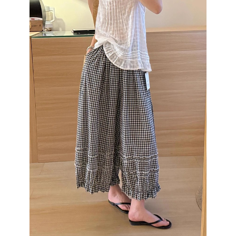 木耳花边阔腿裤女新款松紧腰裤女2025休闲纯色灯笼裤女夏季新款|undefined