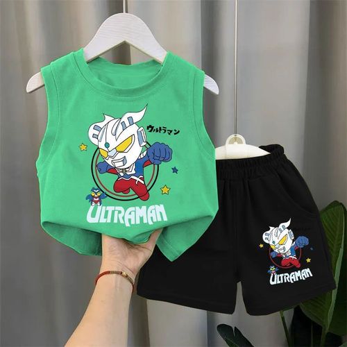 Children's Summer Baby Backless Set for Boys, Stylish Two-Piece Set, Ultraman Cute Sleeveless T-Shirts, Thin Clothing