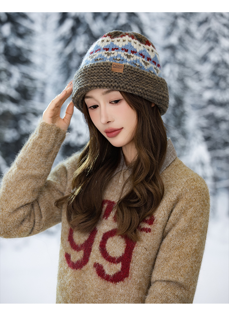 Etichetta in pelle stile Fair Isle con bordo arrotolato, maglia di lana, autunno inverno, retrò, snellente, natalizio, casual, antivento, caldo_voghion.com