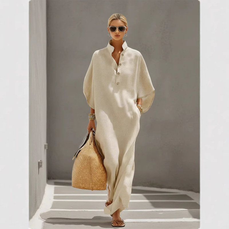 2026 Spring/Summer European and American Fashion Women's Loose-Fitting Stand-Collar Buttoned Mid-Sleeve Long Vacation-Style Shirt Dress