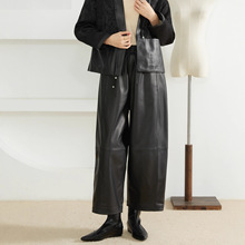 100%绵羊皮真皮皮裤女松紧腰弯刀阔腿裤高腰显瘦休闲九分裤