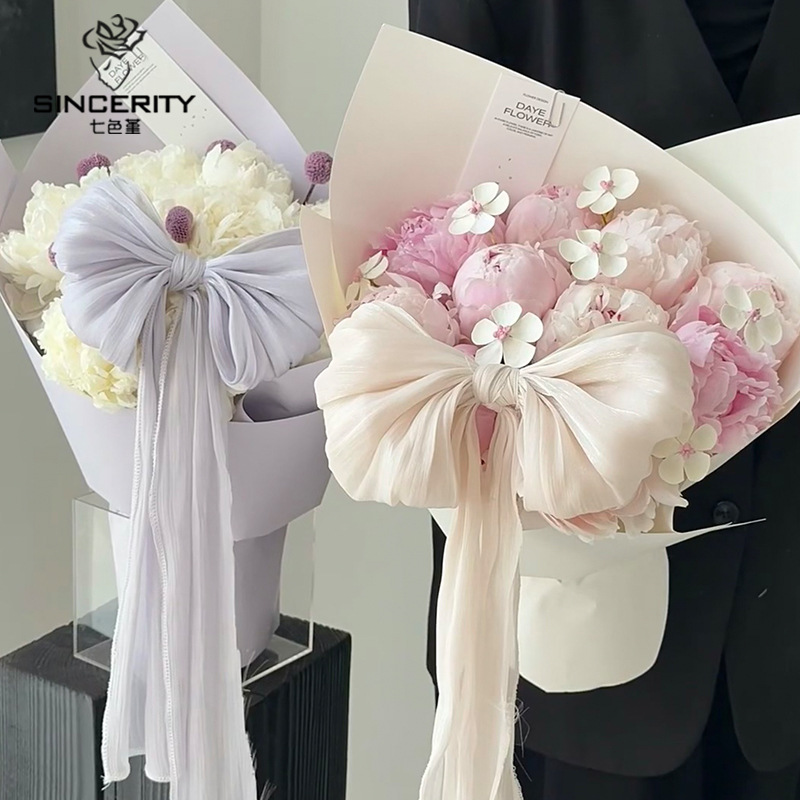 Día de la madre de siete colores 520 nuevos productos Perlas francesas Nieve satén tela arco floristería decoración de bricolaje material floral