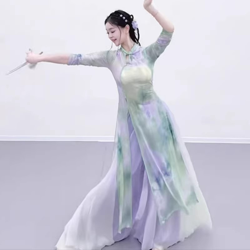Qipao Dance Costume Printed One-Piece Dress Practice Outfit for Women, Elegant Classical Dance Gauze Dress, Modern Dance Performance Clothing
