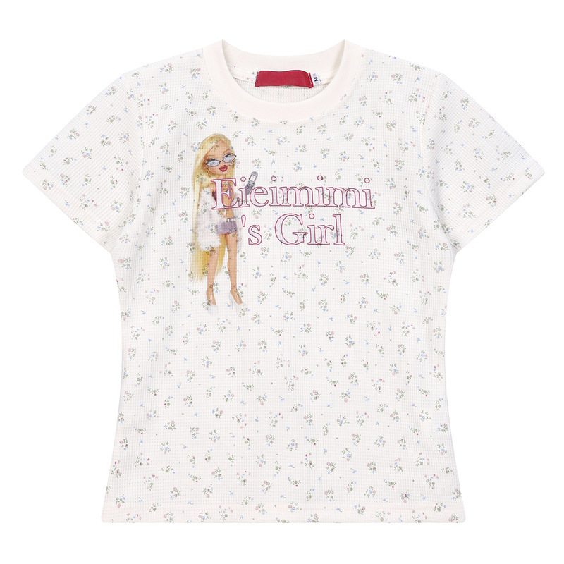 Xiaoyu's Niche Barbie Doll Floral Cartoon Print Slim-Fit Slimming Short-Sleeve T-Shirt Top for Women