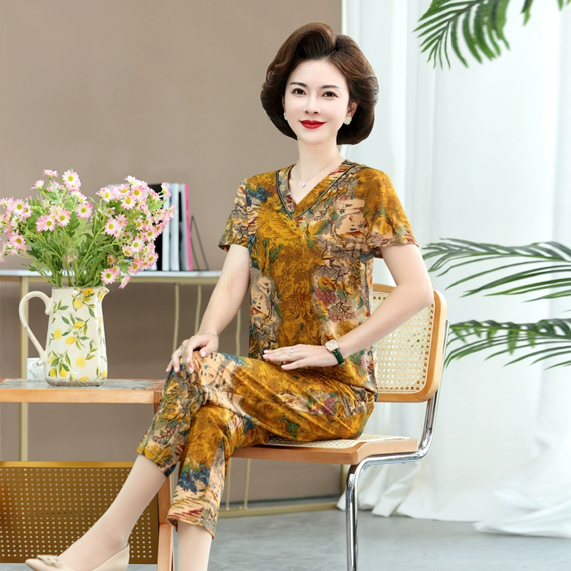 Женский хлопковый шелковый костюм среднего и пожилого возраста, летняя новая модная футболка для мамы с короткими рукавами, дышащий повседневный комплект из двух предметов большого размера