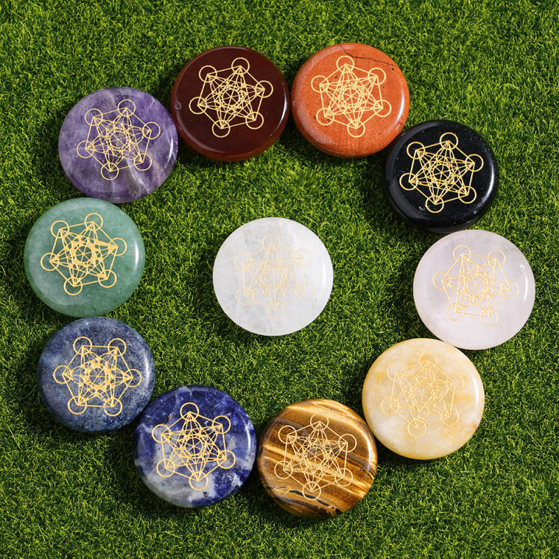 Natural Crystal Disc Carved Multi-Dimensional Metatron Cube Rune Aura Crystal Flower of Life European Style