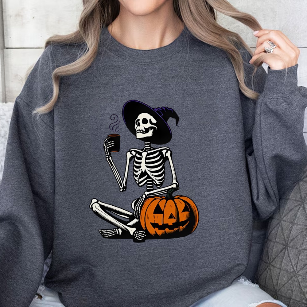 Skeleton Pumpkin Halloween Long Sleeve Top Retro Fall Coffee
