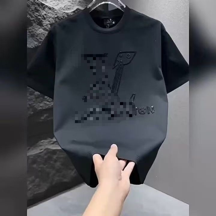 Travel Season Youth White Embroidered Letter Half-Sleeve T-Shirt Trendy Versatile Loose Fit Spoof Lv Big Logo Wholesale