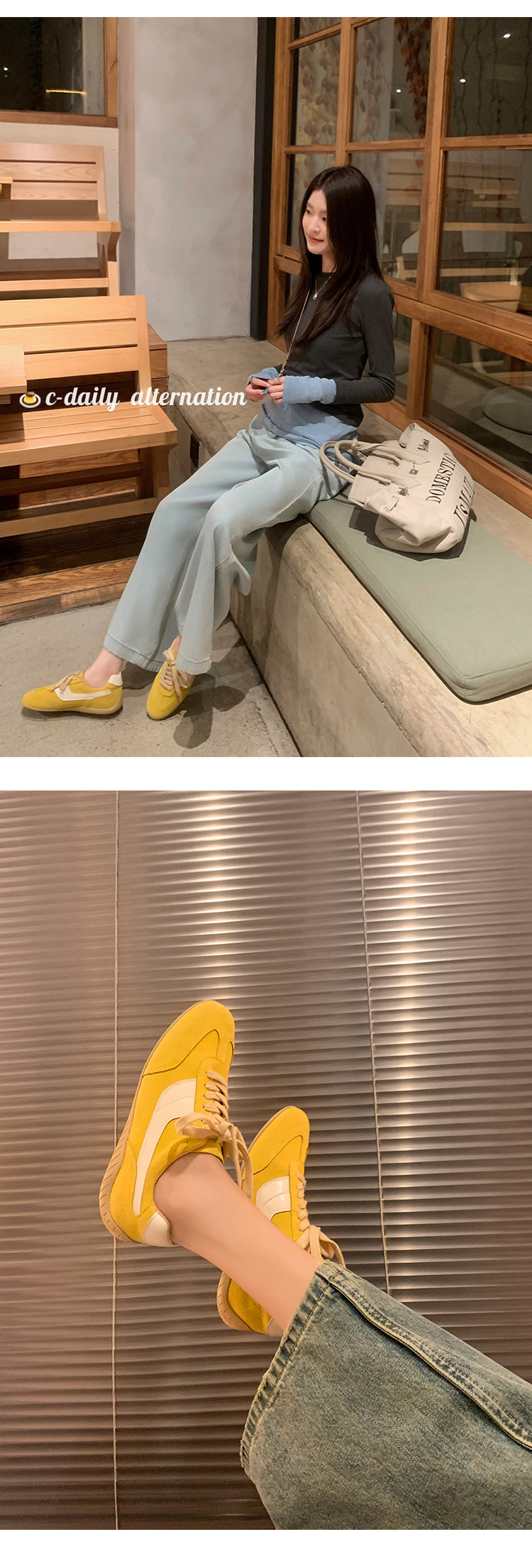 Giày sneaker nữ đế bệt mũi tròn dây buộc da thật phối màu phong cách Đức — Màu nâu chi tiết 31