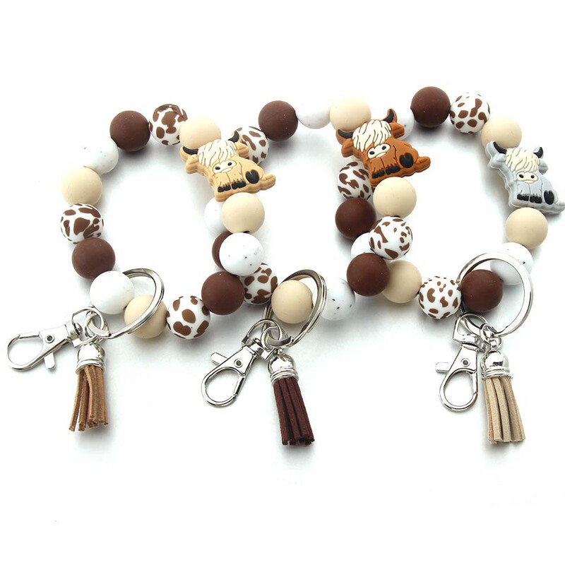 ETSY2024 new hot selling cow-consuming silicone food bracelet wooden beads cartoon tassel bracelet keychain pendant