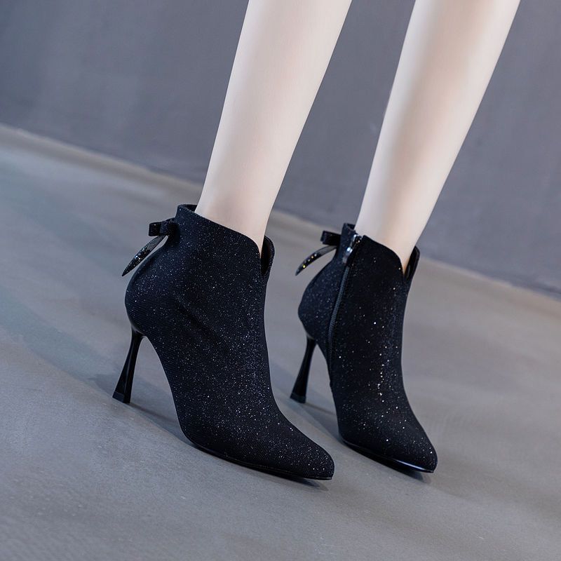 Celebrity Heel Bow High Heels Short Boots Women's 2024 New Internet Celebrity Stiletto Single Boots Martin Boots Slim Boots